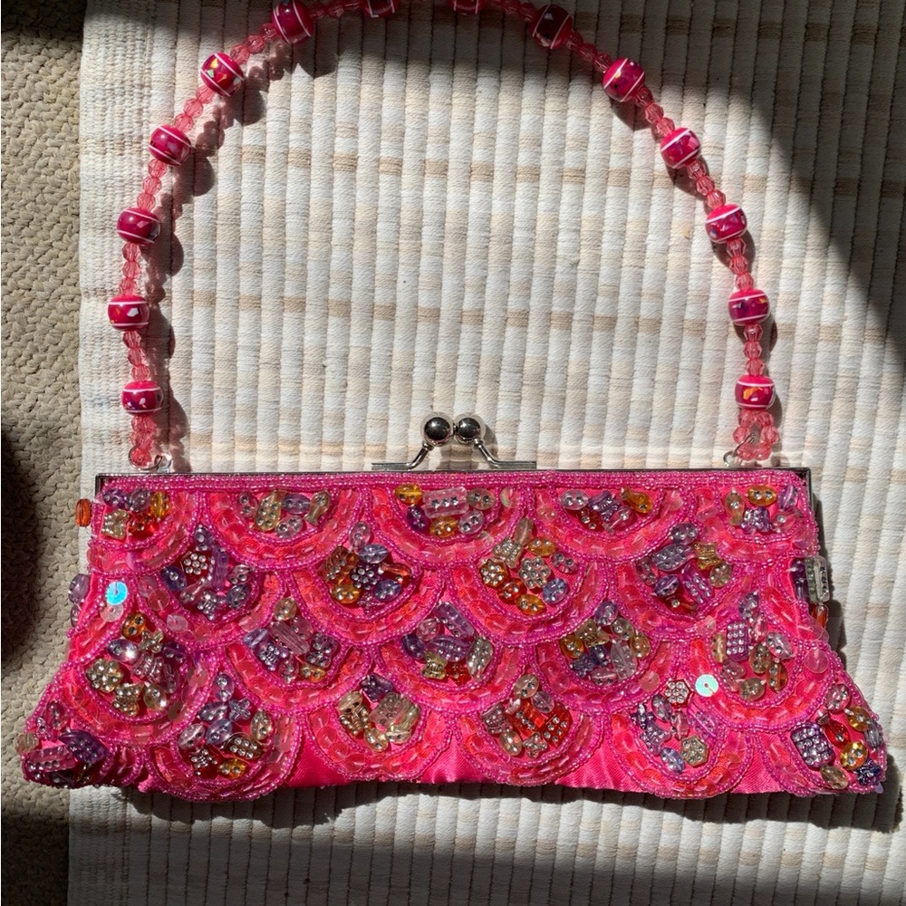 Pink Beaded Satin Clutch Bag - Picture 2 of 4